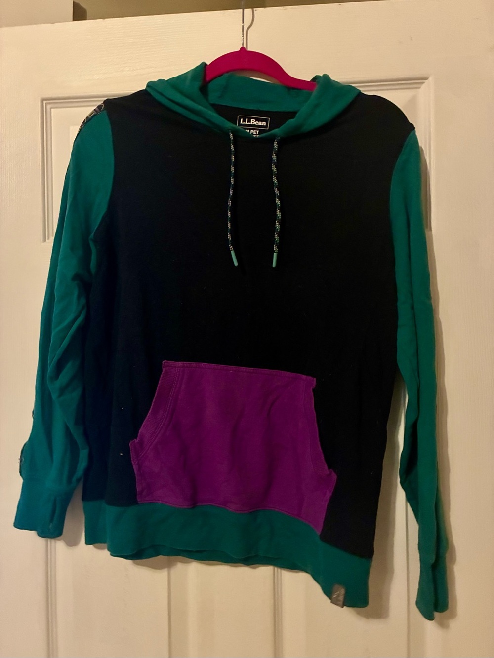 L.L. Bean Women's Black & Teal Colorblock Hoodie with Purple Pocket Size M